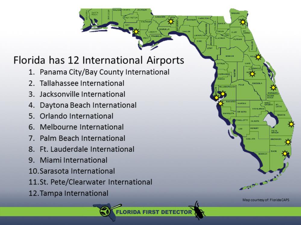 Florida is especially susceptible to species introductions. Human travel and shipment of goods are the main means by which species are introduced to Florida.