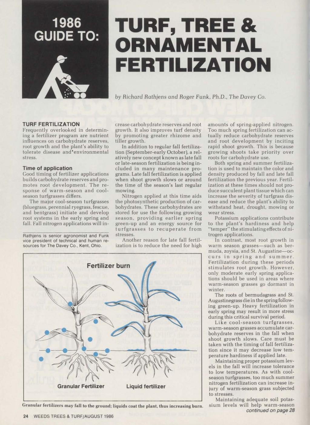 1986 GUIDE TO: TURF, TREE & ORNAMENTAL FERTILIZATION by Richard Rathjens and Roger Funk, Ph.D., The Davey Co.