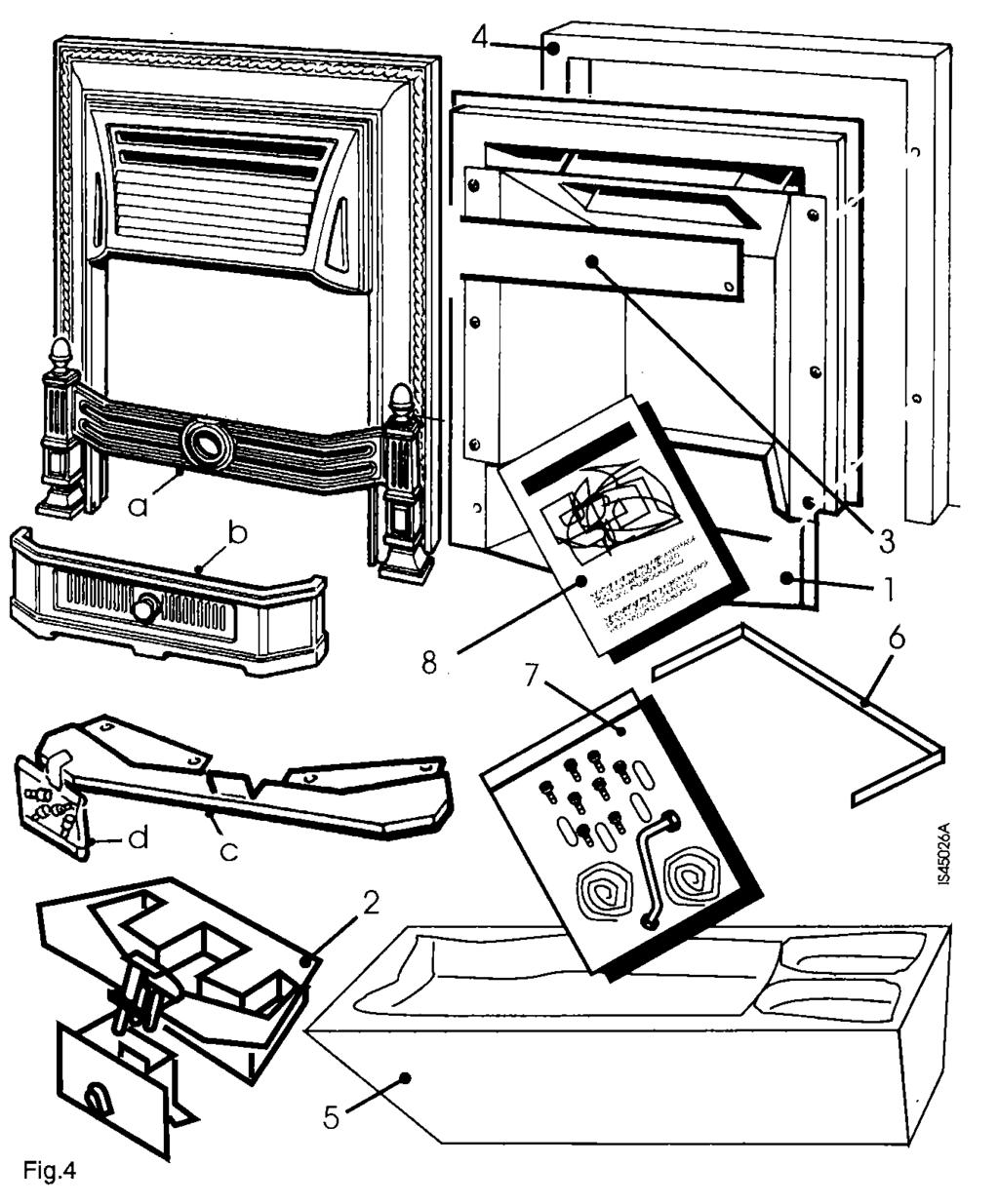 4. Installation - Page 6 4.1. Unpack the Fire The fire is supplied in 2 packs. Pack 2 of 2 contains:- 1 The Convector Box. 2 Burner Tray. 3 Spillage Plate. 4 Outer Metal Surround. 5 Ceramics Pack.
