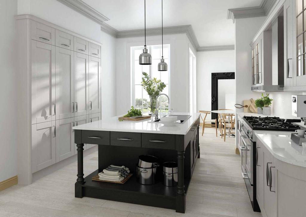 MANORHOUSE Light Grey & Graphite The generous use of Light Grey in this kitchen serves to draw attention to the real points of interest, such as the island