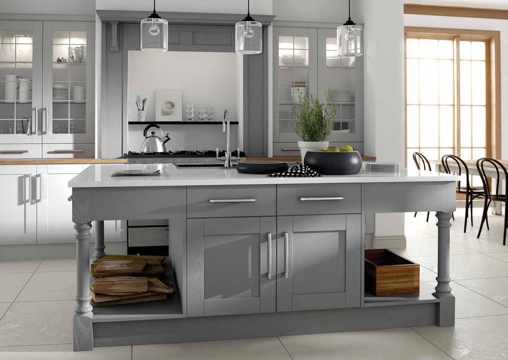 MANORHOUSE Light Grey & Dust Grey The Manor House shaker style door utilises the charm of the solid timber with a fashionable Soft Grey palette, chunky brushed steel handles