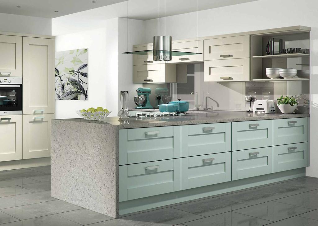 TOWNHOUSE White Cotton & Powder Blue The combination of shaker doors with the fresh White Cotton finish result in a timeless kitchen style, coaxed into life