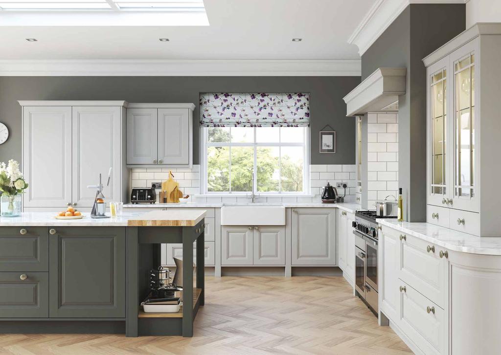 FARMHOUSE Gun Metal Grey & Light Grey The farmhouse doors in this kitchen are married with dramatic gun metal and refreshing light grey tones.