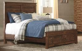 Storage can be added to one or both sides of queen or king panel bed B407 Hammerstead Craftsman styled design in a rustic and casual Urbanology group Vibrant cognac finish over replicated