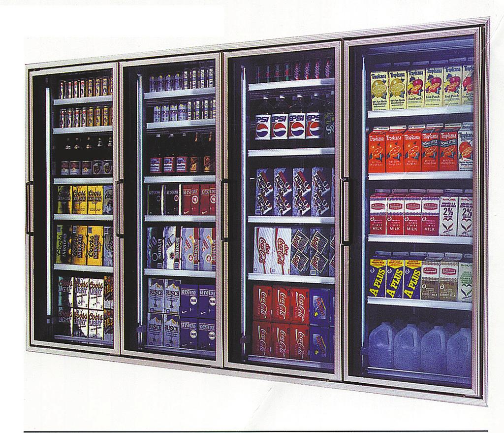 Cooler doors are dualpane insulated glass with heated frames and are available