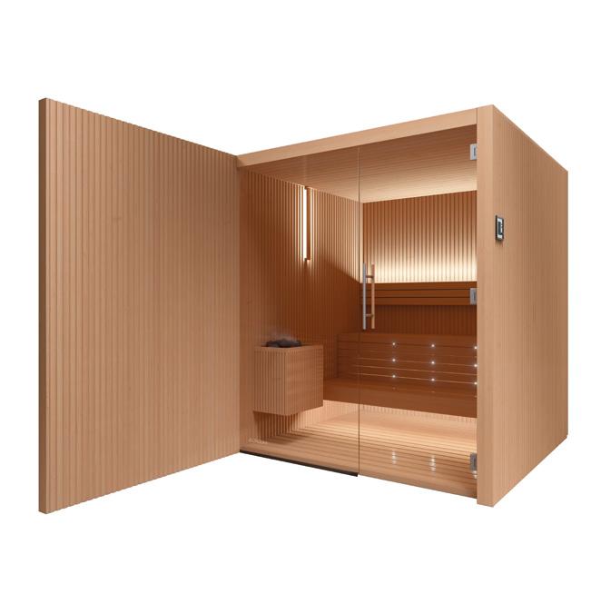 Libera technical features _ customize your perfect sauna: choose the front solution - with a wood or glass wall - choose