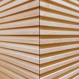 to the room; horizontal wall panels broaden the sauna space,
