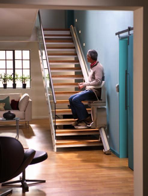 3 4 Once unfolded, simply take a seat on your stairlift. 3 Before setting off, you can always pull out and fasten the easy-to-use retractable lap belt for extra security.