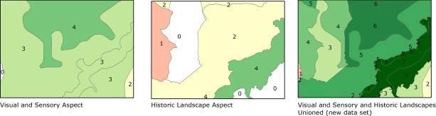 Figure 2: Example of how LANDMAP data can be combined in GIS (LUC, 2012) Figure 2 above shows an example of the union process for two LANDMAP aspects (Visual and Sensory and Historic Landscape).