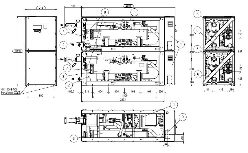 EWWD~J-SS / 2 circuits Note. Dimension refers to 2 circuit units (size from 310-560). LEGEND 1. Compressor 2. Evaporator 3. Condenser 4. Electrical panel 5.