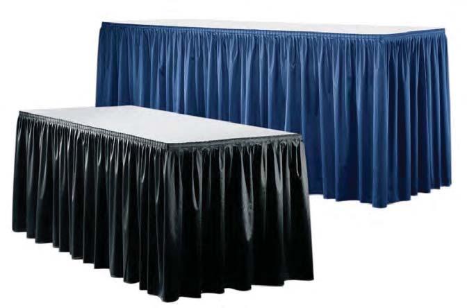 draped or undraped table counters Colored draping includes white vinyl top and pleated skirt on three sides. Fourth-side draping is available. Undraped tables include white vinyl tops.