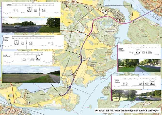 Ekerö road is proposed to be rebuilt in its entire length between Ekerö and Nockeby. The proposed design of the road varies depending on the landscape it is set in.