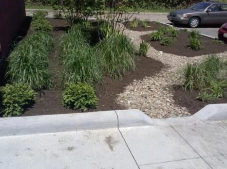STORMWATER CONTROL MEASURES Planted bioretention area with sidewalk curb cut in foreground.