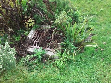 Credit: Northeast Ohio Regional Sewer District Outlet catch basin grate covered with debris and mulch obstructing stormwater flow into the