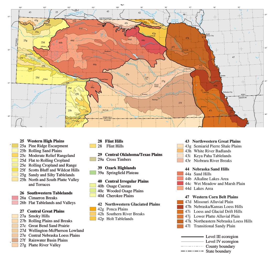 Ecoregions, Soils, and Land Use in Nebraska Nebraska is a large state with great soil diversity. It also has much more topography than it generally recieves credit for.