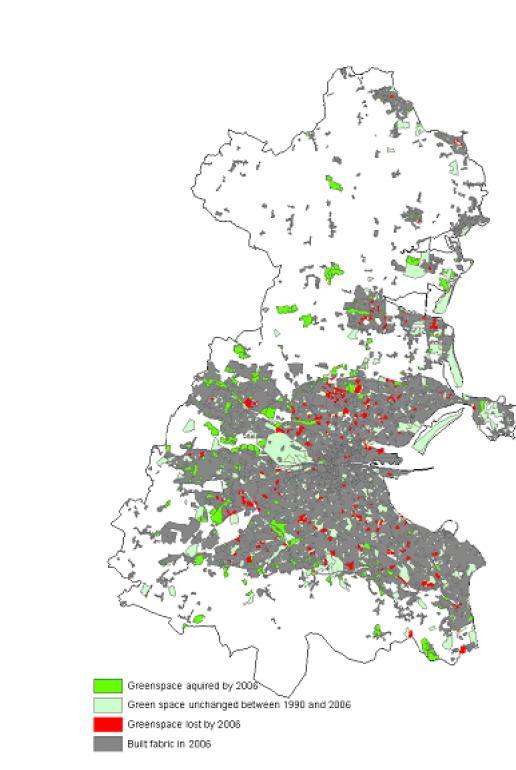 Built and green space in Dublin region 2006 (Brennan et al 2009) Red zones show loss of green space Green zones show gains of green space 22% of Dublin city is zoned as green