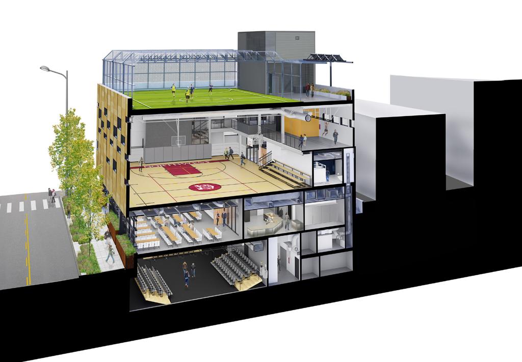 10 1 2 4 9 3 5 6 8 7 Program spaces are organized to optimize daylight and acoustic needs, and to enhance connections to the surrounding neighborhood and city. 1. Rooftop Sports Field (6,600 sf) 2.