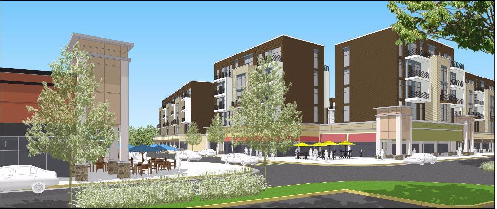 Figure 9: Rendering of the new development at the intersection of Street A and the main north-south street.