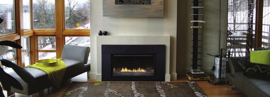 Options & Accessories Loft 27,000 Btu Direct-Vent Fireplace Insert shown with Polished Black Decorative Glass and Matte Black metal surround.