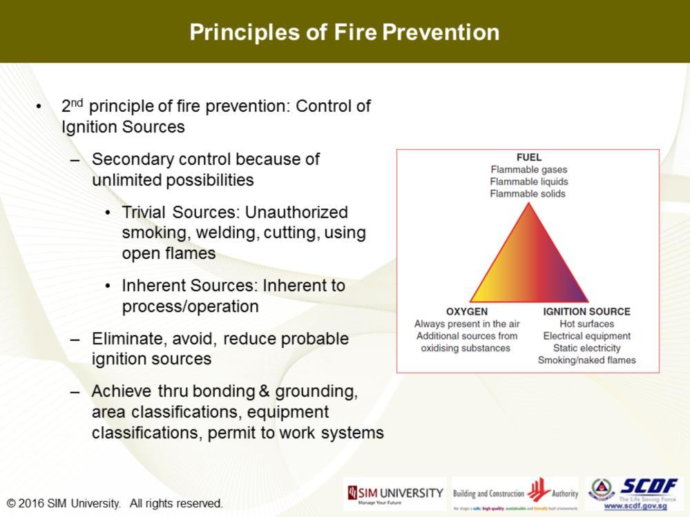 The 2 nd principle of fire prevention would be through the effective control of ignition sources in the surrounding environment.