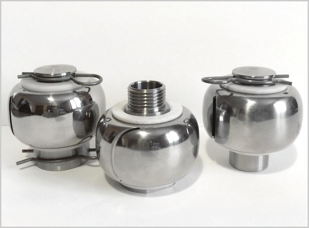 Rotary head series 59 Construction: The rotary spray heads are made of AISI304 stainless steel and are mounted onto two DELRIN (white POM) gaskets (available in TEFLON-PTFE upon request), that reduce