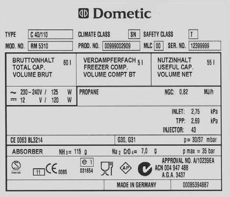 Description of model 3.0 Description of model 3. Model identification Example : RM 5 3 0 3.2 Refrigerator rating plate The rating plate is to be found on the inside of the refrigerator.