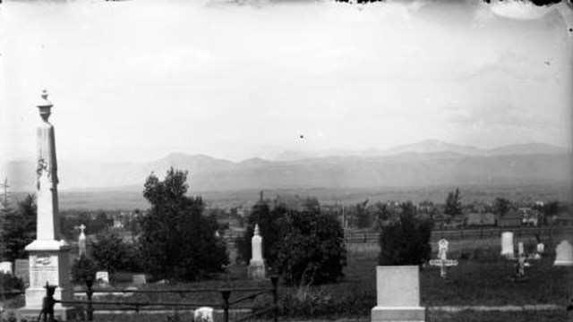 4 of 8 11/22/2016 2:51 PM View of the Mount Calvary Cemetery in the Capitol Hill neighborhood of Denver, Colorado; shows tombstones. Grave markers read: "James Riordian" and "Mrs.