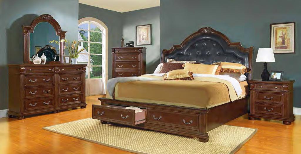 mansion headboard, antiqued hardware and fluted pilasters elegant and charming.