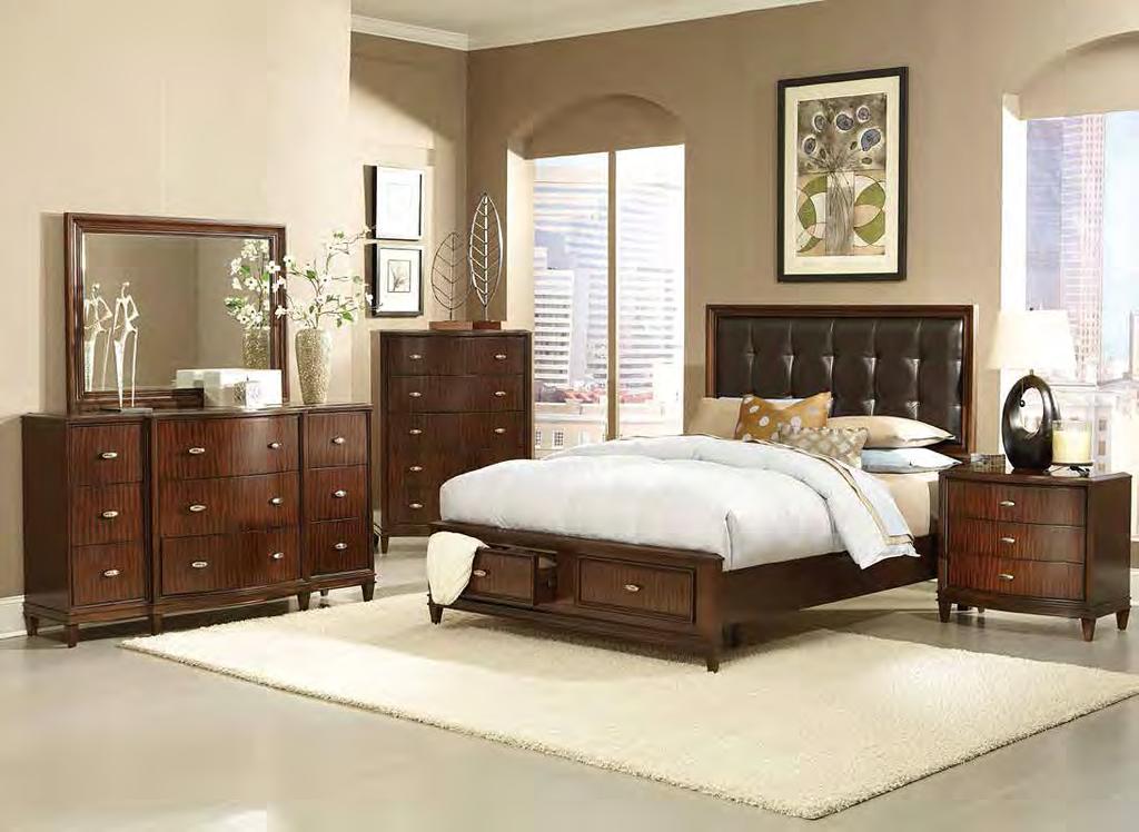 Wood frames the padded headboard covered in white bonded leather, dark brown bonded leather, and cream-colored linen headboard.