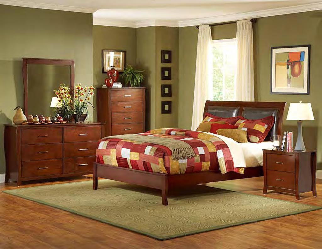 RIVERA COLLECTION Elegant in design, the Rivera Collection draws your attention with the subtle hourglass shape. Both veneered bed and upholstered bed with dark brown vinyl insert are available.