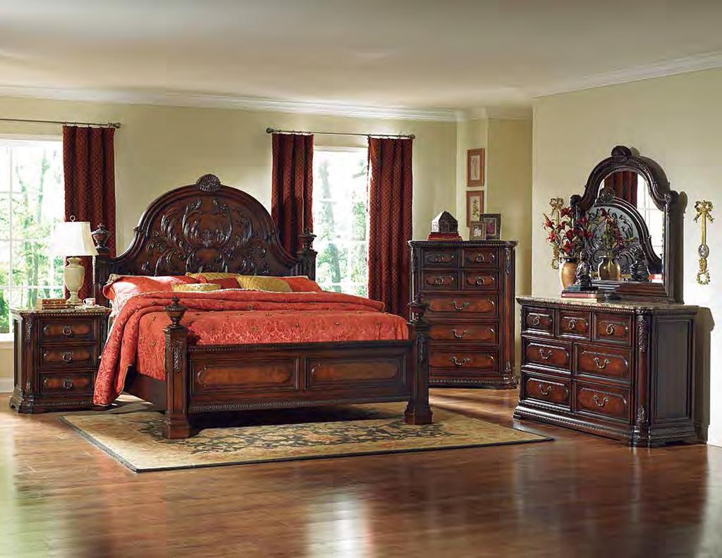A warm brown finish on mango veneer completes the uniquely designed mansion bedroom. 1800-1 1800-4 1800-5 1800-6 1800-9 HB: 70.5H FB: 33H 30.5 x 17 x 30.75H 66 x 19 x 41H 46.
