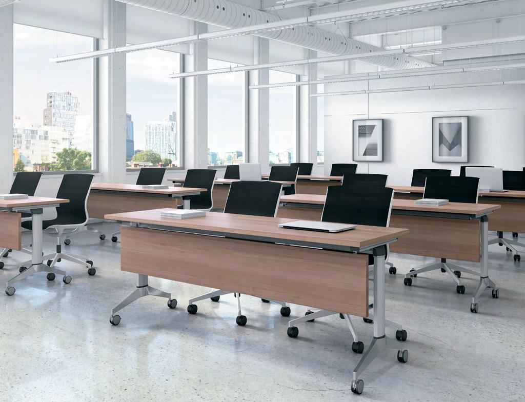 collaborate. (Left) Flip top tables shown in Winter Cherry (WCRHP) laminate.
