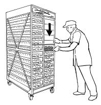 TRANSFERRING EGGS FROM INCUBA- TOR RACKS TO HATCHER BASKETS METHOD 1: MANUAL The manual method of transfer requires two people and must be completed within a reasonable length of time, so that eggs