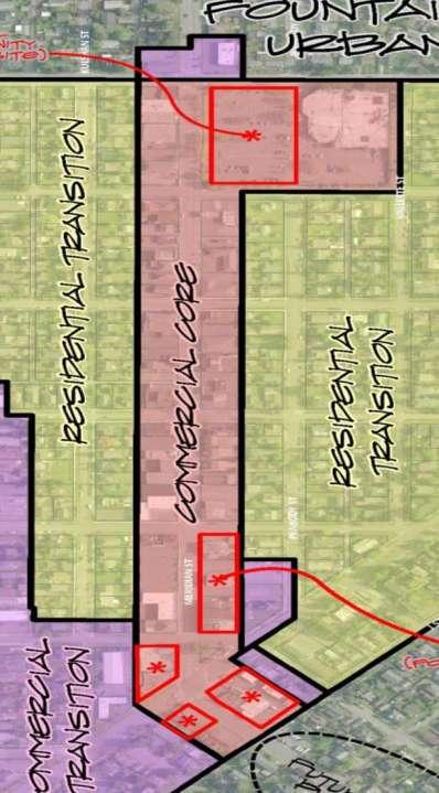 Fountain District Land Use: Commercial Core Preliminary Land Use Recommendation: Uses: Allow a variety of commercial as seen today. Encourage upper story residential uses.