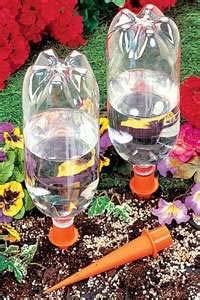 Uses basic materials 2 litre plastic soda bottle with lid Add commercial watering spikes Drill holes in cap Remove bottom of