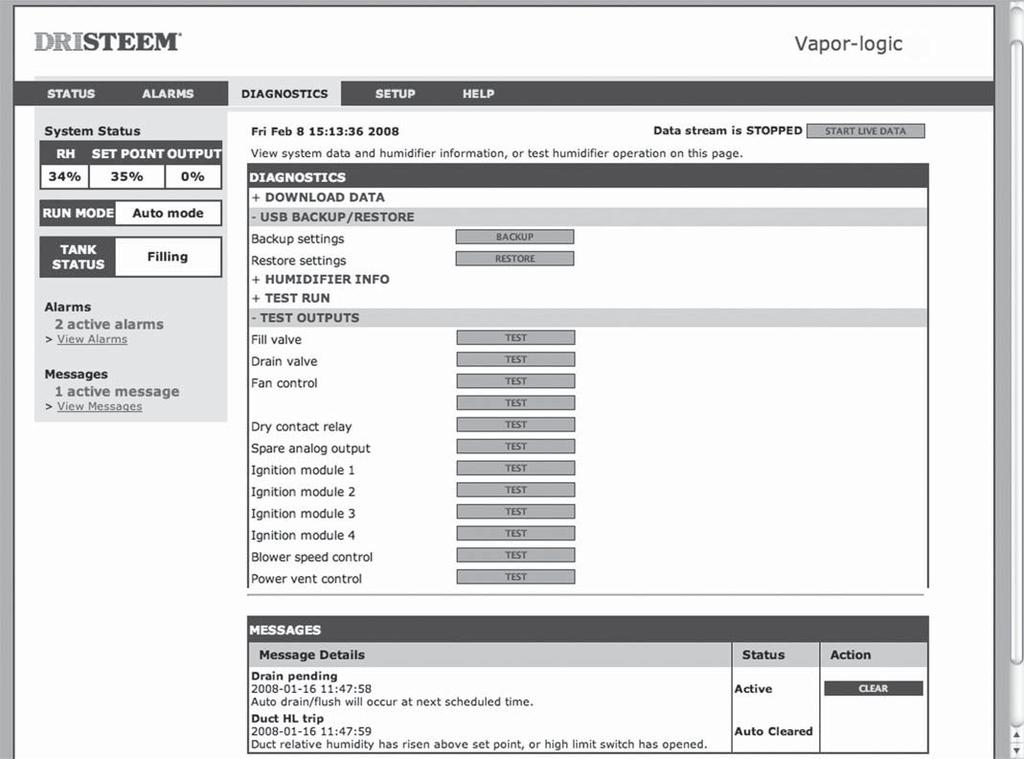 Figure 44-1: Vapor-logic Web interface Diagnostics screen Click on buttons to activate functions.