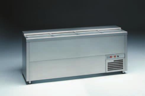 No CFC. Copper evaporator with aluminium fins. Static refrigeration. Operating temperature: +2 ºC, +6 ºC, at room temperature of 32 ºC. Adjustable temperature by thermostat.