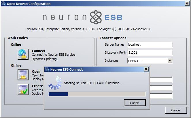servers, as well open existing configurations or create new ones. If a user chooses to connect, the Neuron ESB runtime service will be automatically started, if stopped.