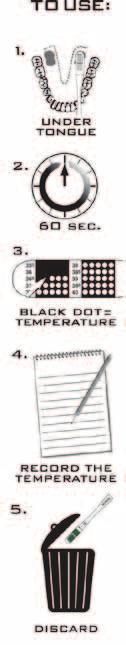 SUMMARY EZEtemp Thermometers are Easy to Use 1. Place Thermometer under tongue in heat pocket. 2. Wait at least 60 seconds. 3. Read the last black dot for temperature. 4.
