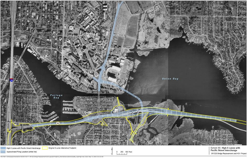 Details of the Base 6 lane alternative with the Pacific Street Interchange (or Arboretum Bridge) option include: The existing Montlake/SR 520 interchange would be closed and replaced by an