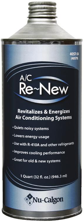 Nu-Calgon Product Bulletin 3-80 REVITALIZES AND ENERGIZES AIR CONDITIONING SYSTEMS UNIVERSAL PACAKAGE PERMITS USE WITH ALL REFRIGERANTS. Refrigeration Oil A/C Re~New Quiets noisy compressors.