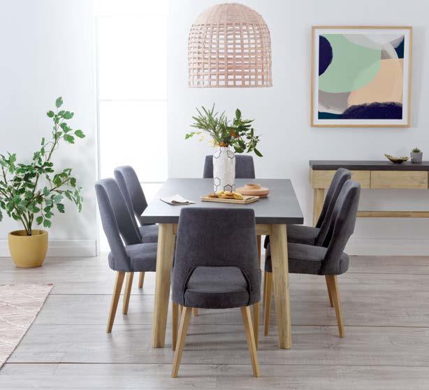 JAMAICA DINING SUITE E D A B F VOLTA DINING SETTING 7pc dining setting. Modern concrete tabletop with acacia timber frame and chairs in grey fabric.