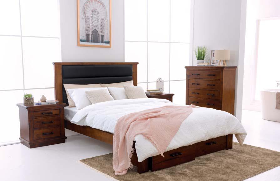 Sale ends: 31/10/18 1699 CALIFORNIA 4PC BEDROOM SUITE Queen size frame with under-bed storage, 2 bedside tables and tallboy.