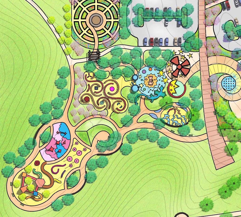 COMMUNITY GARDEN - RAISED BEDS - GATHERING AREA - FRUIT TREES PICNIC SHELTER AREA LIGHT AND SHADOW MAZE - EVENT NODES - DESTINATION TOWER - PERFORATED - POTENTIALLY CHANGEABLE LAWN AREAS - SHADE -