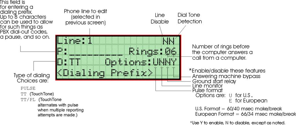 IntelliKnight 5820XL Installation Manual ENTER 6. Select the phone line to be edited (1 or 2) by pressing the or arrow, then press ACK. 7.7.2.1 Dialing Prefix Figure 7-13 Phone Lines Editing Screen Enter up to 8 characters to be used for such things as PBX dial-out codes, a pause, and so on.