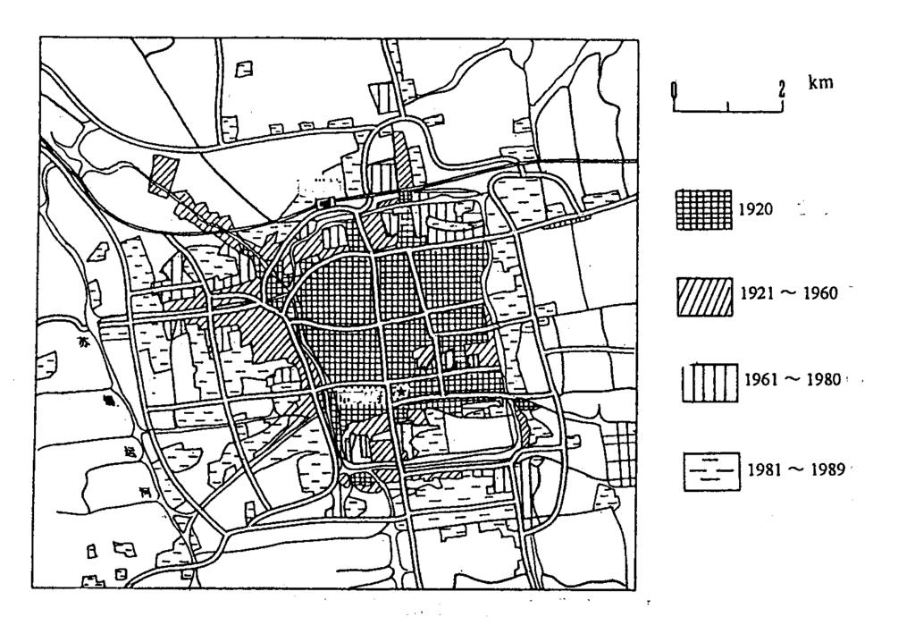 1. Two-dimensional expansion of Suzhou urban area: According to Table 1, expansion was slow until 1980s but was accelerated since then. The area of Suzhou city, which was 1922.