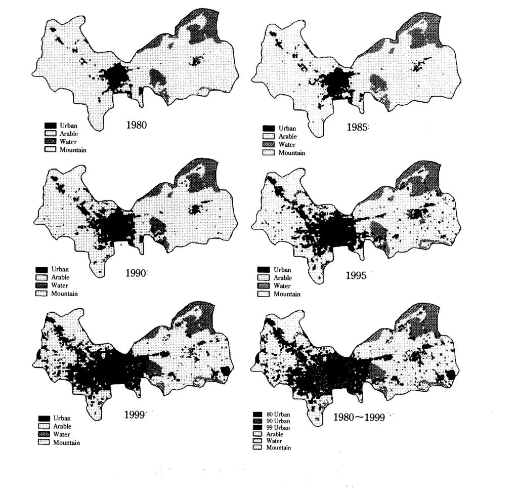 Figure 2 Land-use changes in Suzhou in 1980, 1985, 1990, 1995 and 1999 QUANTITATIVE ANALYSIS BASED ON SATELLITE IMAGES We attempted to use satellite images to overcome the problem of insufficient