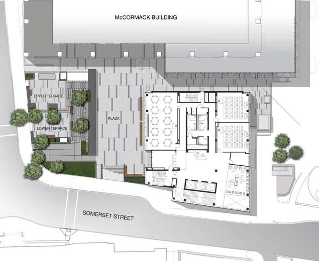 Today the plaza features new seating, lighting, permeable paving, trees and other plantings, and