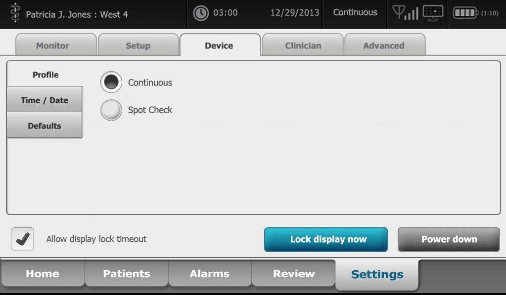 Changing Patient Profiles To change Profiles: 1. Touch the current Profile showing in the Device Status Area 2.