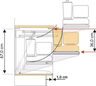 The location of the lift is adapted for the size of the cabinet, to the size of the load and to desired height in the raised position.